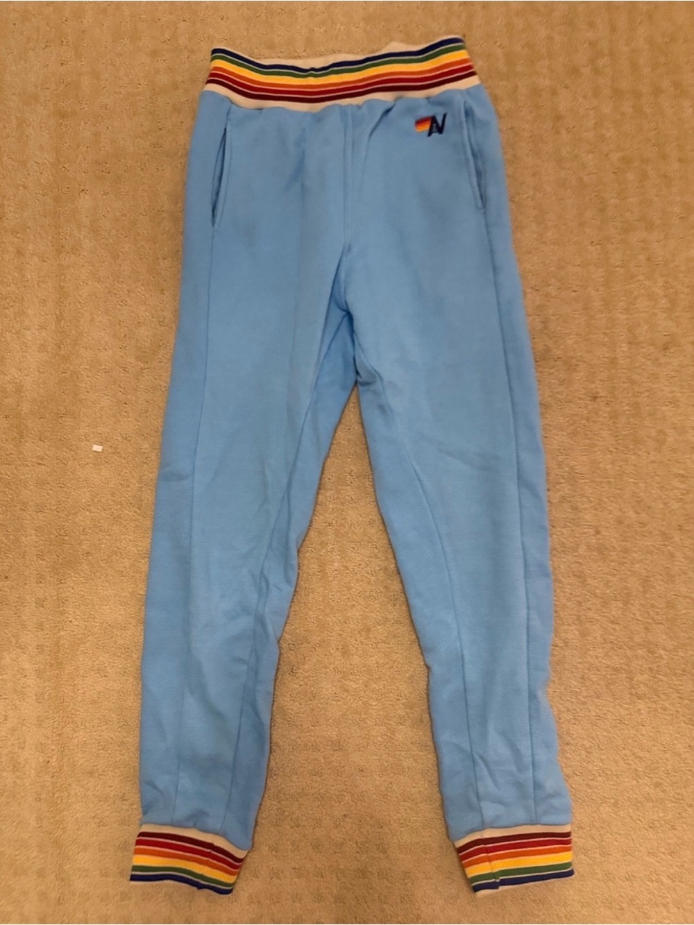 Aviator Nation Light Blue Sweatpants with Rainbow Waistband & Cuffs